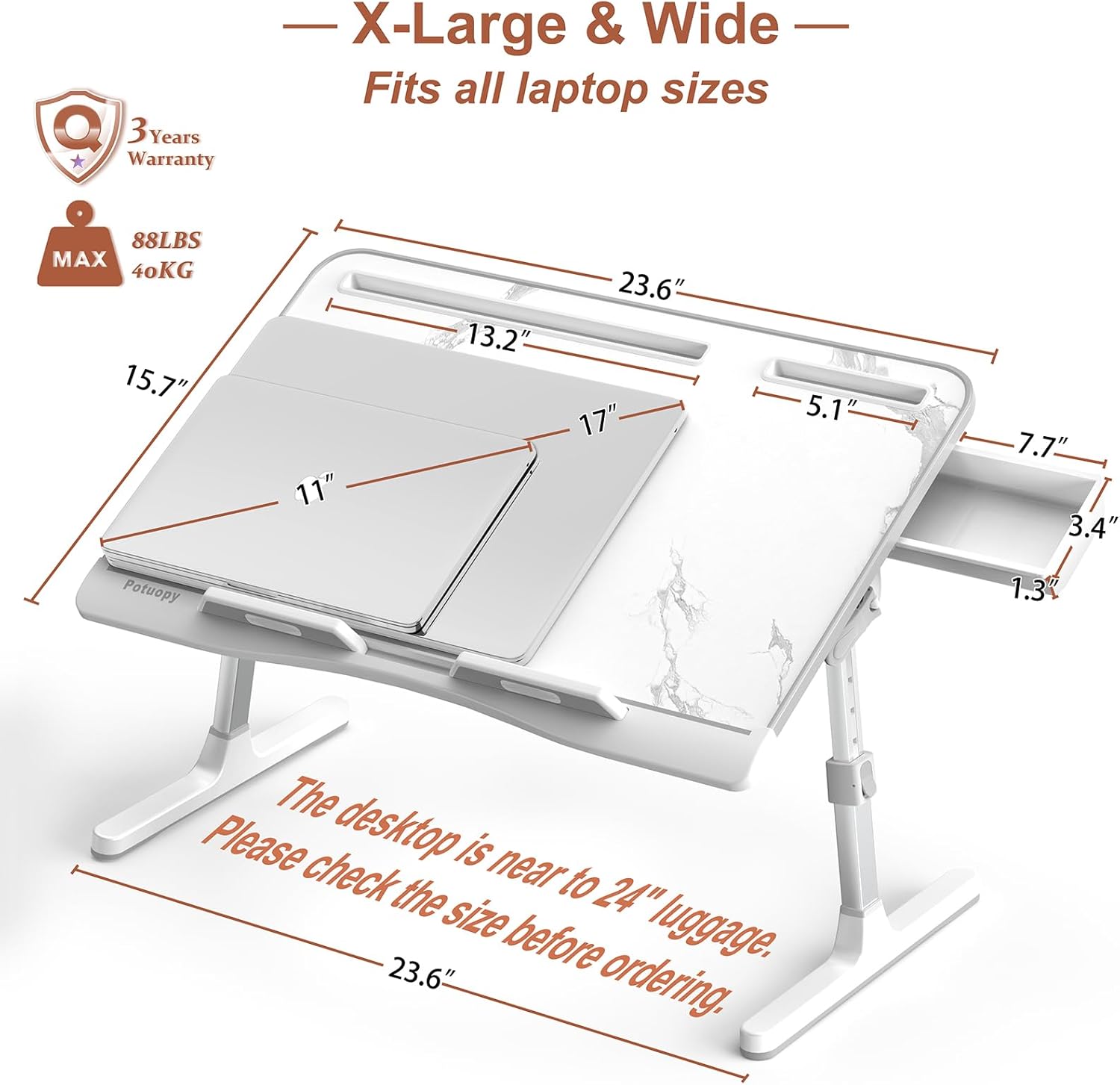 X-Large Marble and Grey Adjustable Folding Lap Desk Tray with Drawer R4563