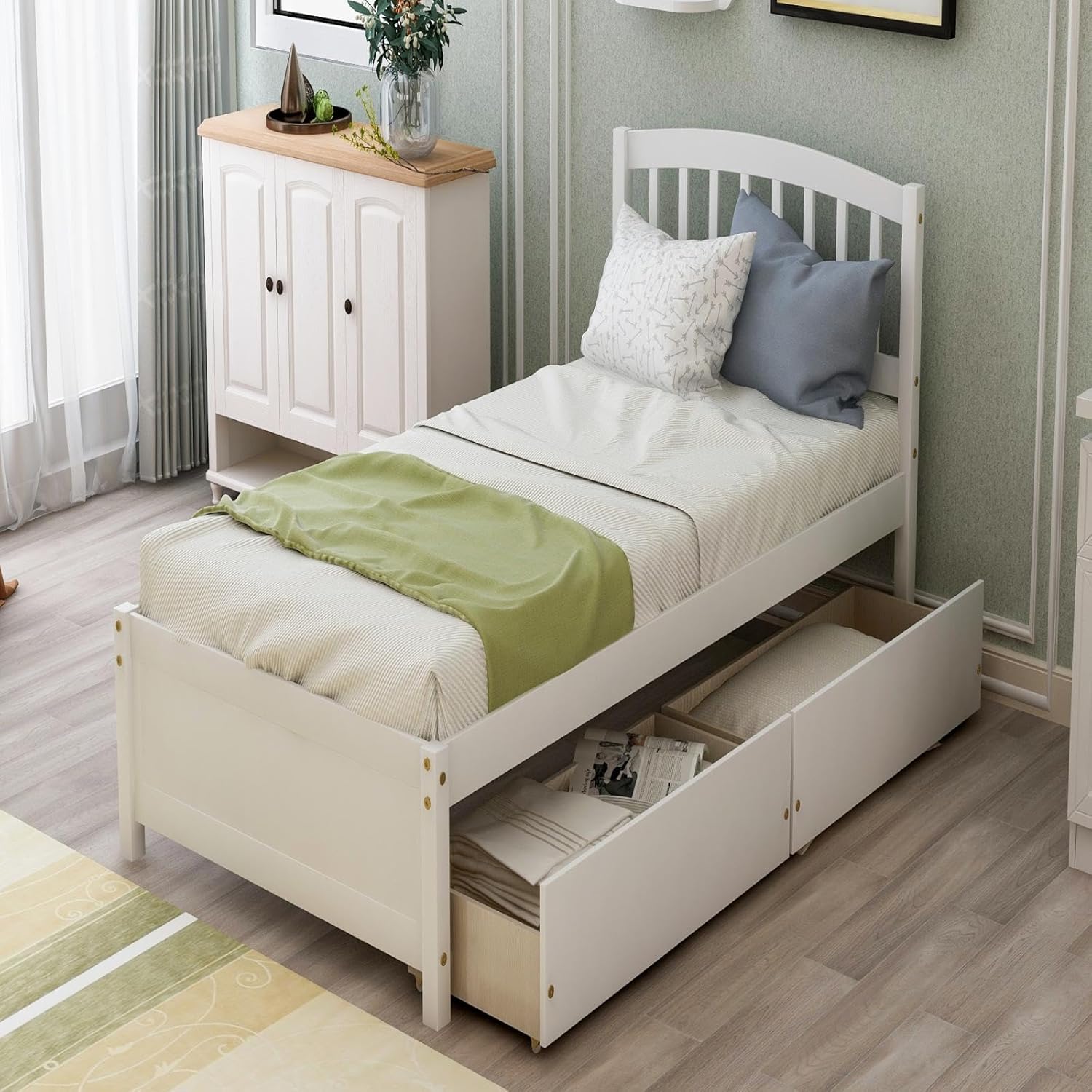 White 79.5x41.8x37.4 inches Platform Double Bed Frame with Two Drawers and Headboard J324