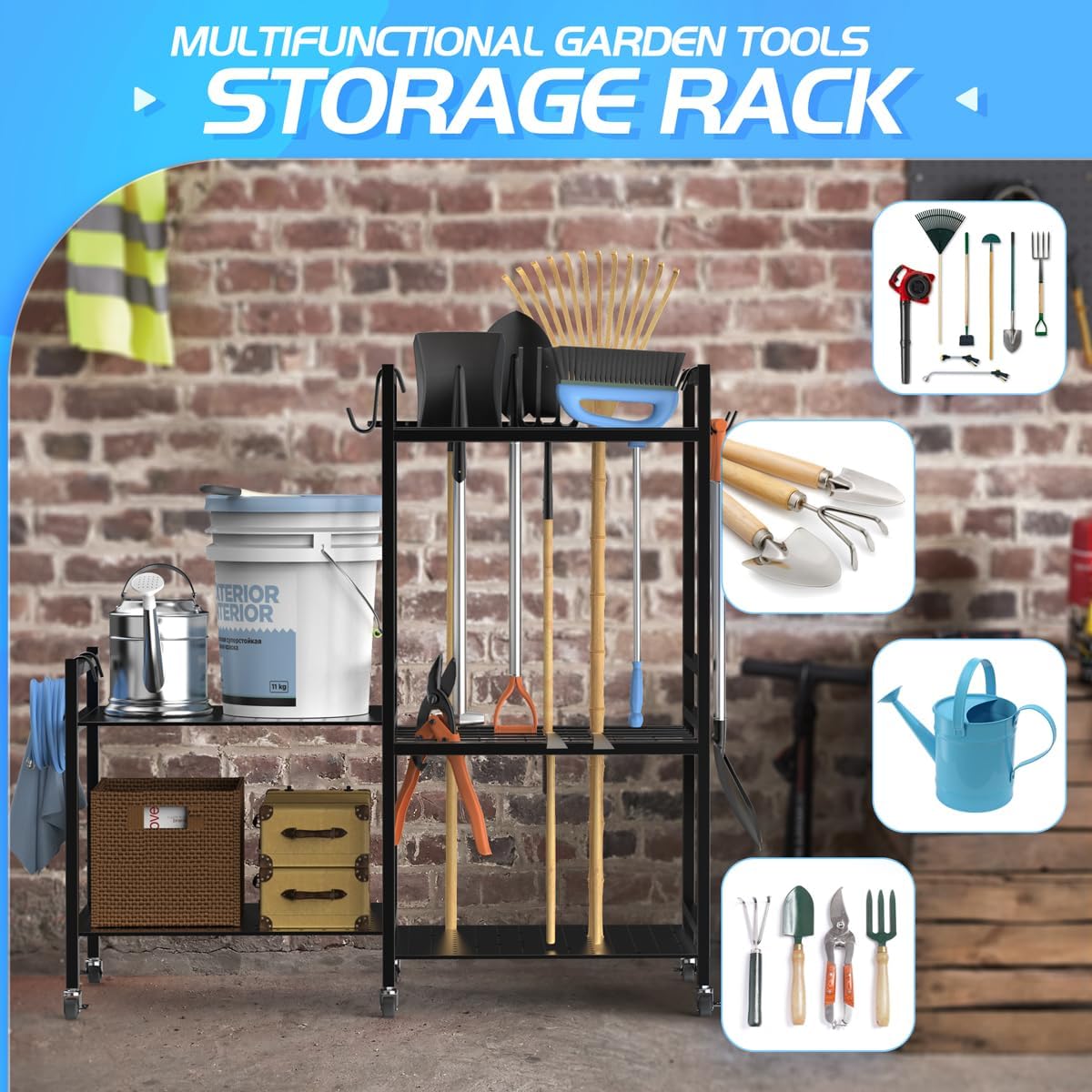 Garden Tool Storage Rack with 6 Hooks and 2-tier Metal Shelves X1755