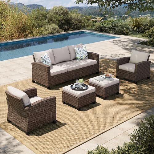6 Pieces 7 Seats Wicker Patio Furniture Set with Fire Pit Table N742923