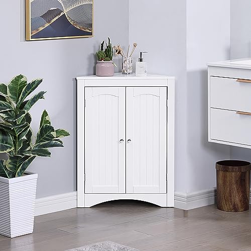 White Corner Bathroom Cabinet with Doors Shelves W308