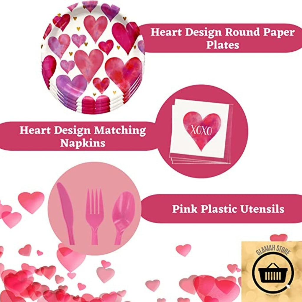 Valentine Heart Design Round Paper Plates with Matching Napkins and Pink Plastic Utensils Disposable Tableware Set of 3 O29047
