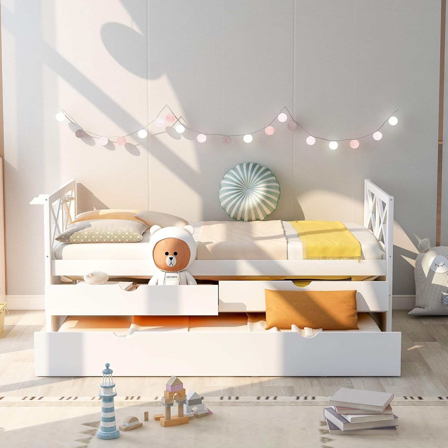 White Wood Twin Captain's Daybed with Trundle and 2 Storage Drawers F200383