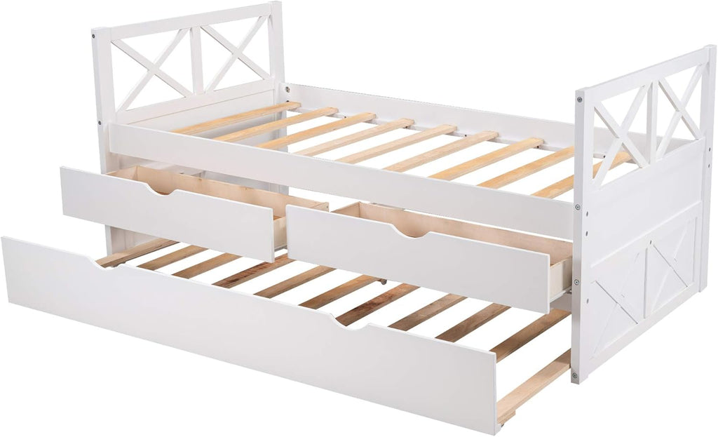 White Wood Twin Captain's Daybed with Trundle and 2 Storage Drawers F200383