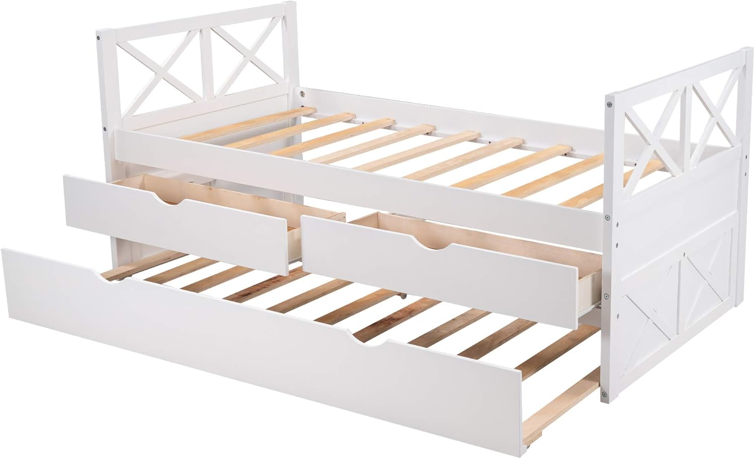 White Wood Twin Captain's Daybed with Trundle and 2 Storage Drawers F200383