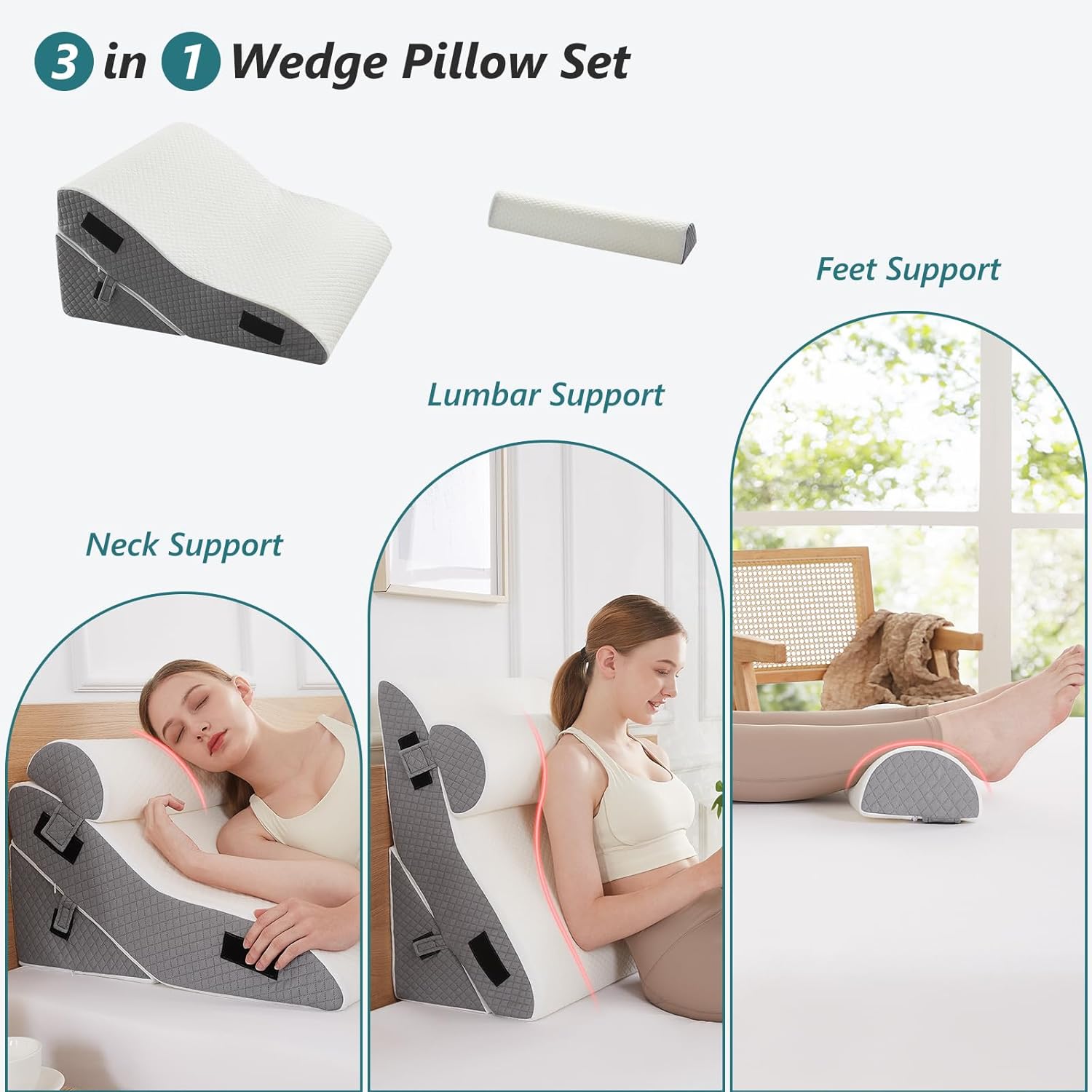 3 PCS 35D Adjustable Triangle Wedge Pillow Set (white grey) F82058