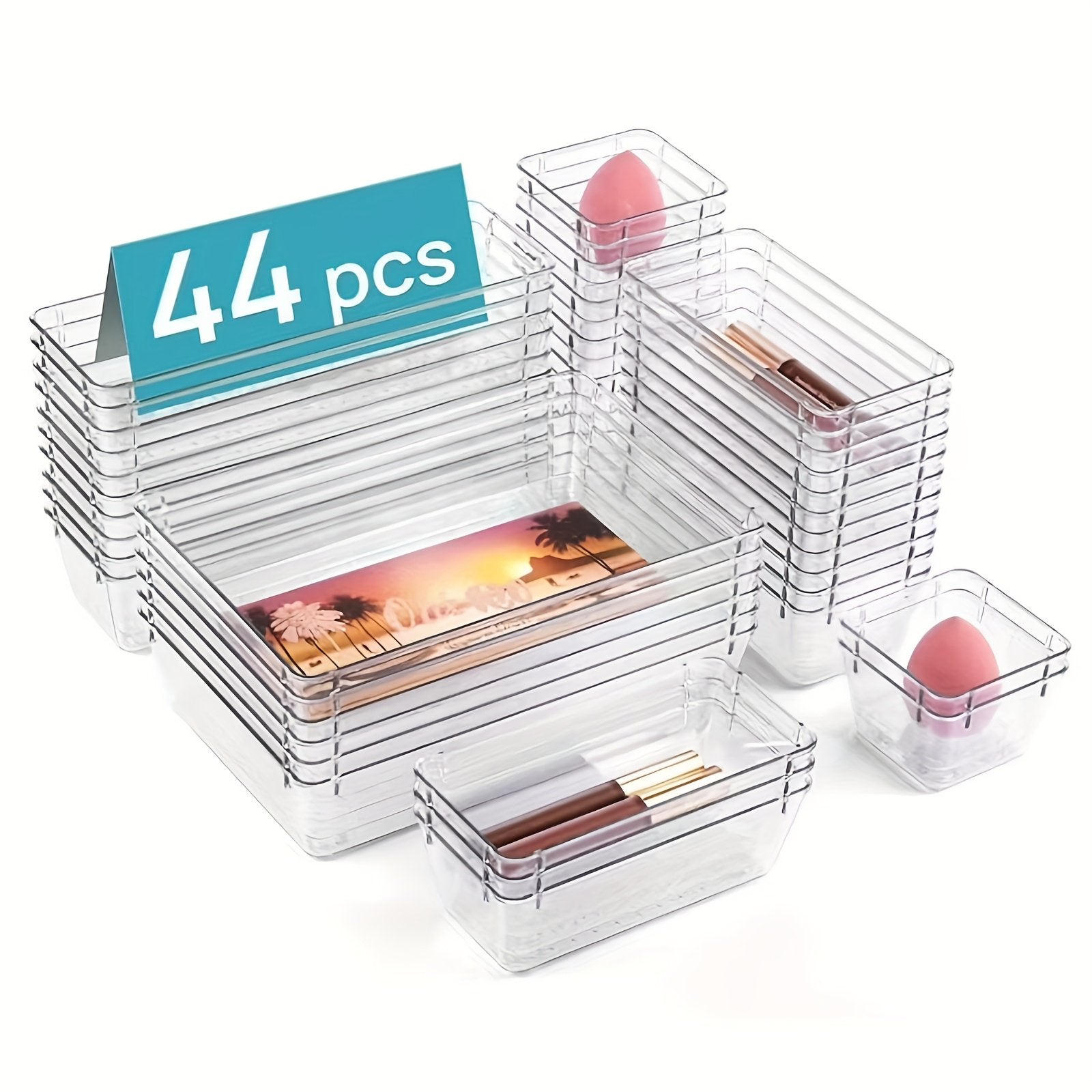 44pcs Clear Plastic Drawer Organizers Set with Non-Slip Pads R1004