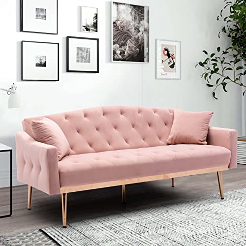 65" Velvet Convertible Futon Sofa Bed with 2 Pillows (Navy) Q108