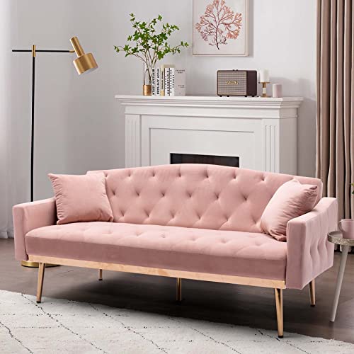 65" Velvet Convertible Futon Sofa Bed with 2 Pillows (Navy) Q108