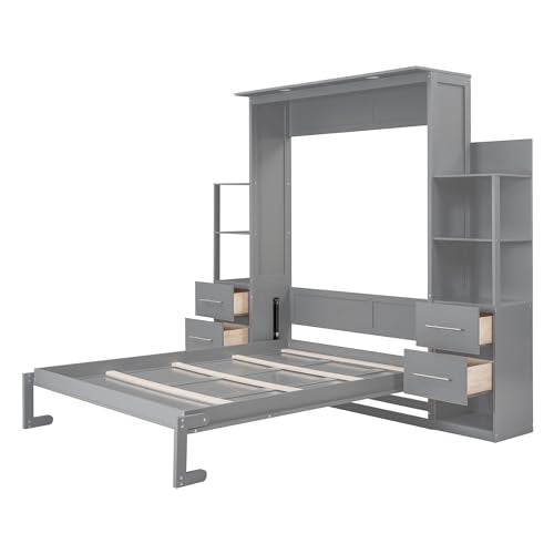 Queen Murphy Bed with Storage Drawers and Shelves (Grey) J877