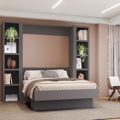 Queen Murphy Wall Bed in Brown Wood Grain with Two Bookshelves R67562