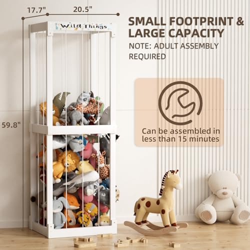 White Wooden Stuffed Animal Storage Cage with Elastic Rope P95121