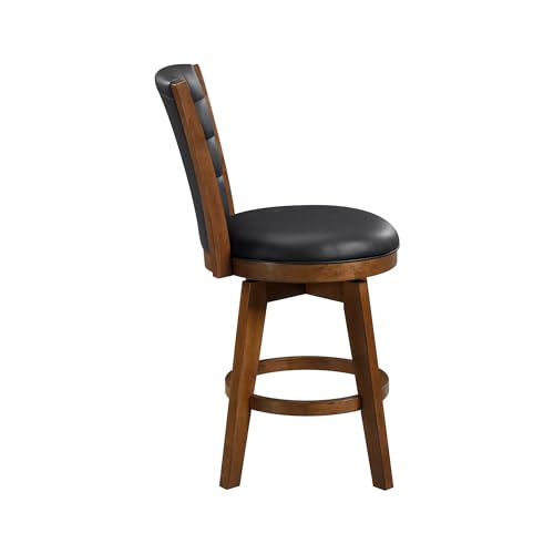 Swivel Bar Stools Set of 2, Counter Height, Chestnut Finish and Black Faux Leather Cushion Seat F48567