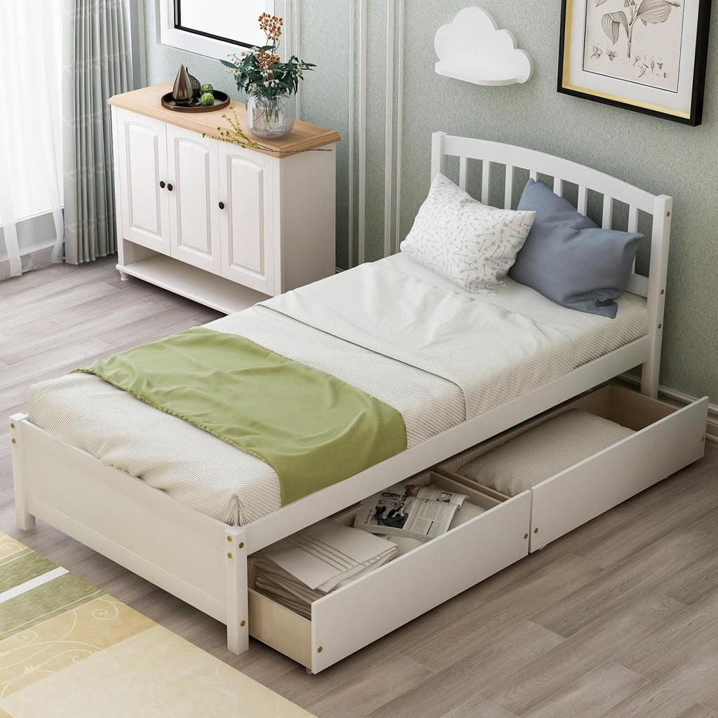 White 79.5x41.8x37.4 inches Platform Double Bed Frame with Two Drawers and Headboard J324