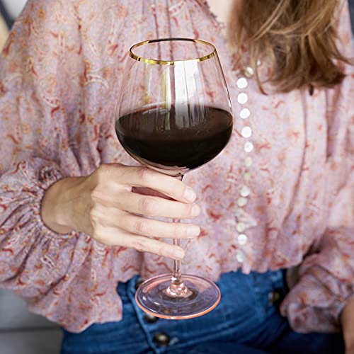 Rose Red Gold Rimmed Crystal Wine Glass Set of 2, 20 Ounces Y259