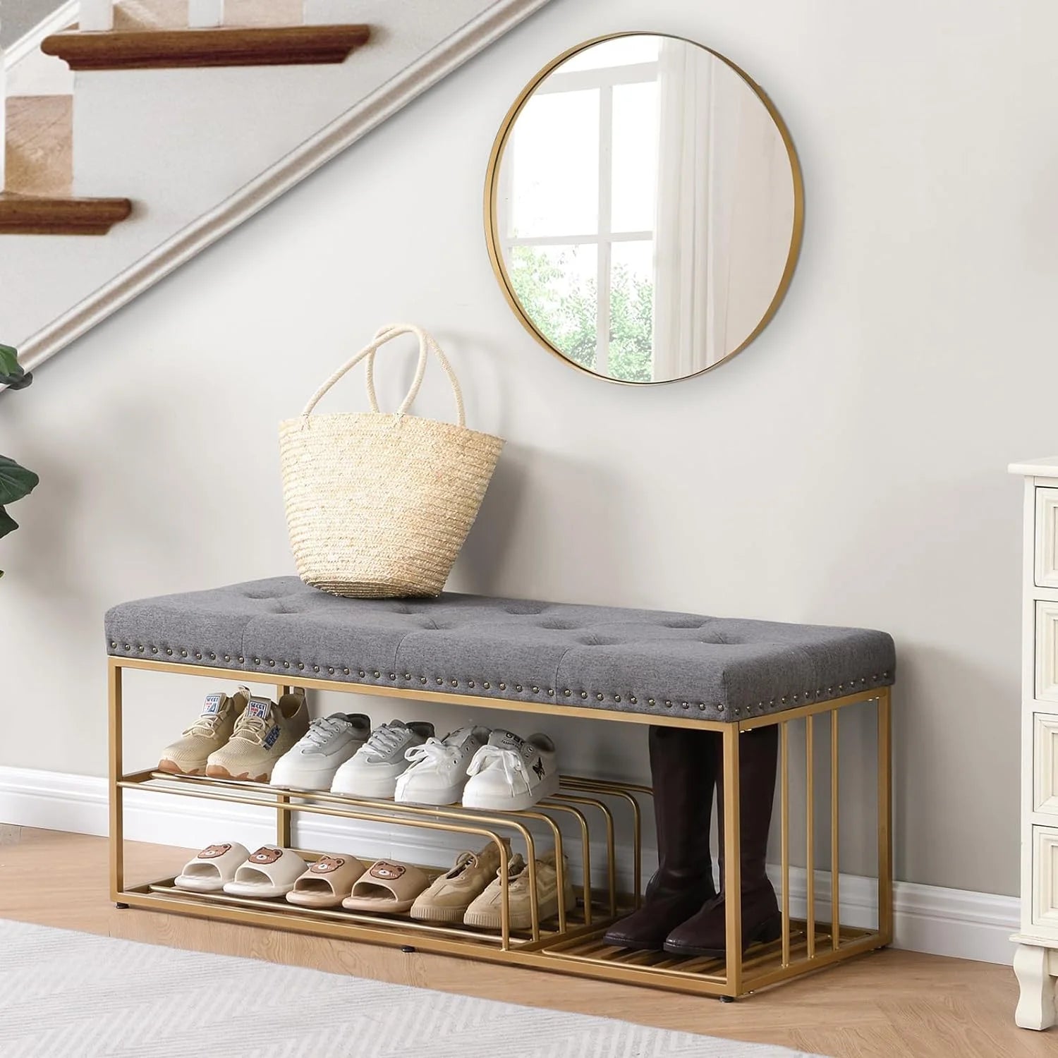 Grey Upholstered Storage Bench with Nailhead Trim O185045
