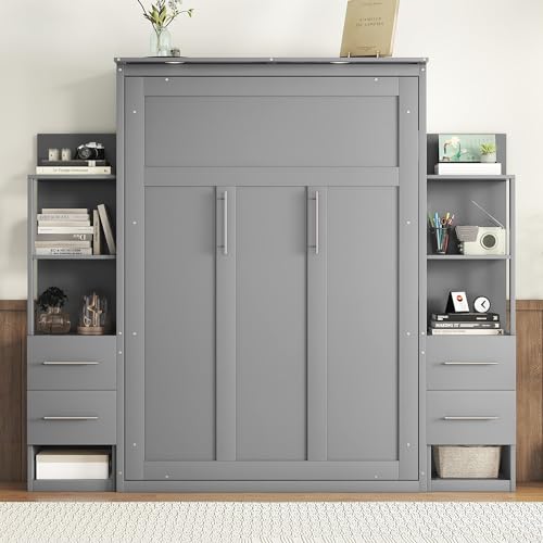 Queen Murphy Bed with Storage Drawers and Shelves (Grey) J877