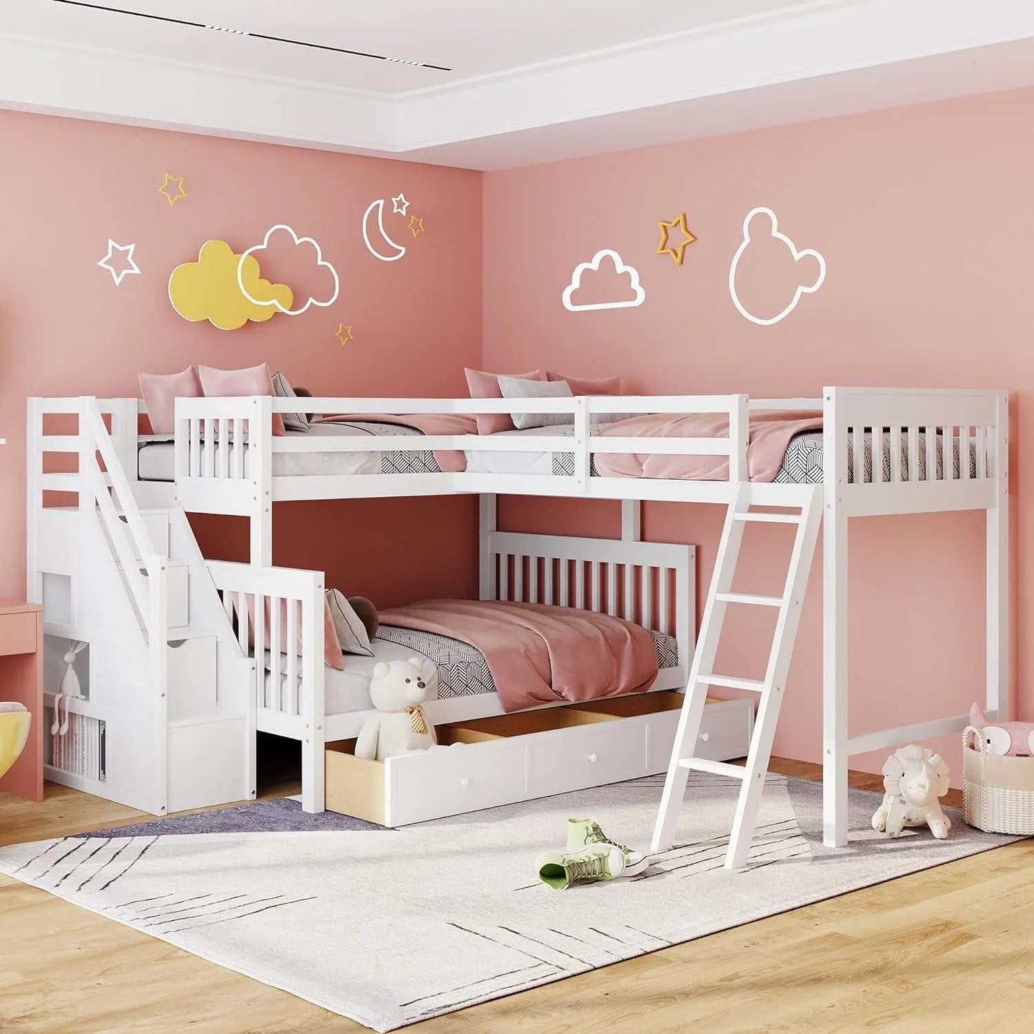 White Wooden Triple Bunk Bed With Stairs And 3 Storage Drawers D809846