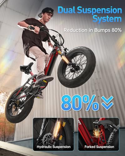 Electric Bike, Peak 1000W Motor, 48V 20Ah Battery, 20''×4.0'' Fat Tire Full Suspension, 28MPH, 80Miles Range, LCD Display, 7 Speed G971350
