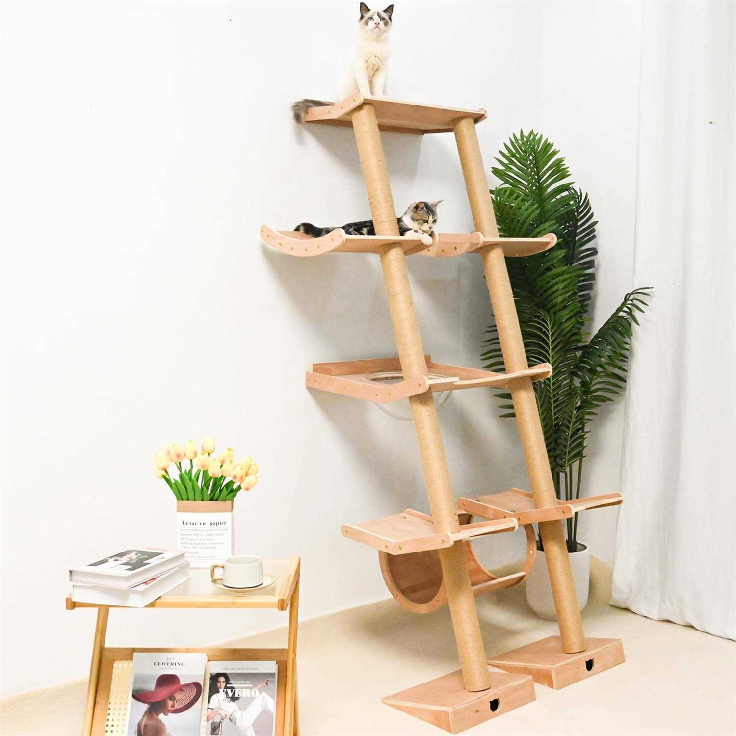 Tall Wall Mounted Wood Cat Tree with Hammock Scratching Post Q229927