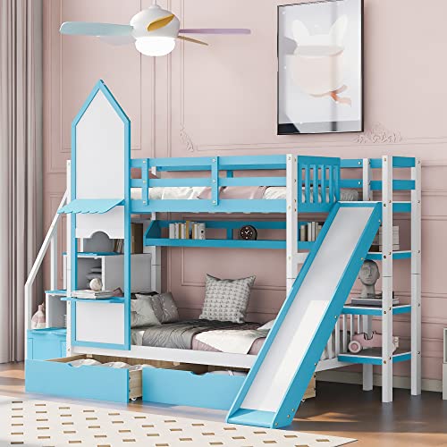 Gray Wood Twin Over Twin Floor Bunk Bed with Storage X9555