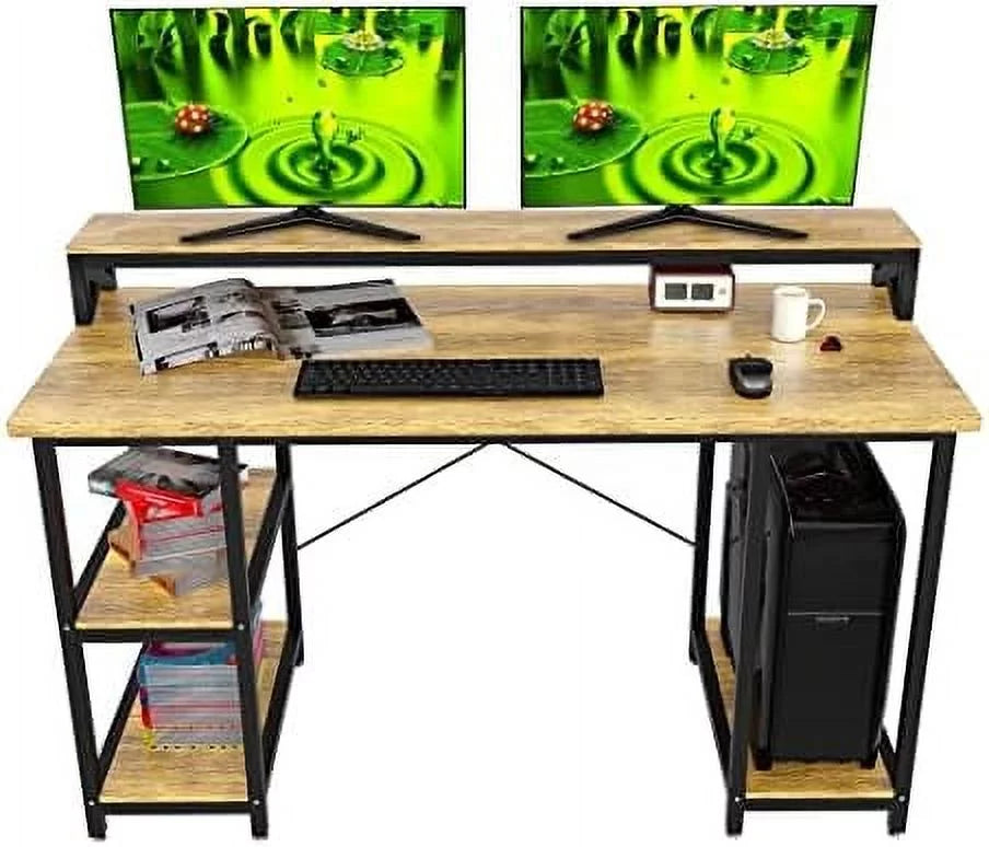 55 Inch Walnut And Black Wood Computer Desk With Monitor Shelf O347