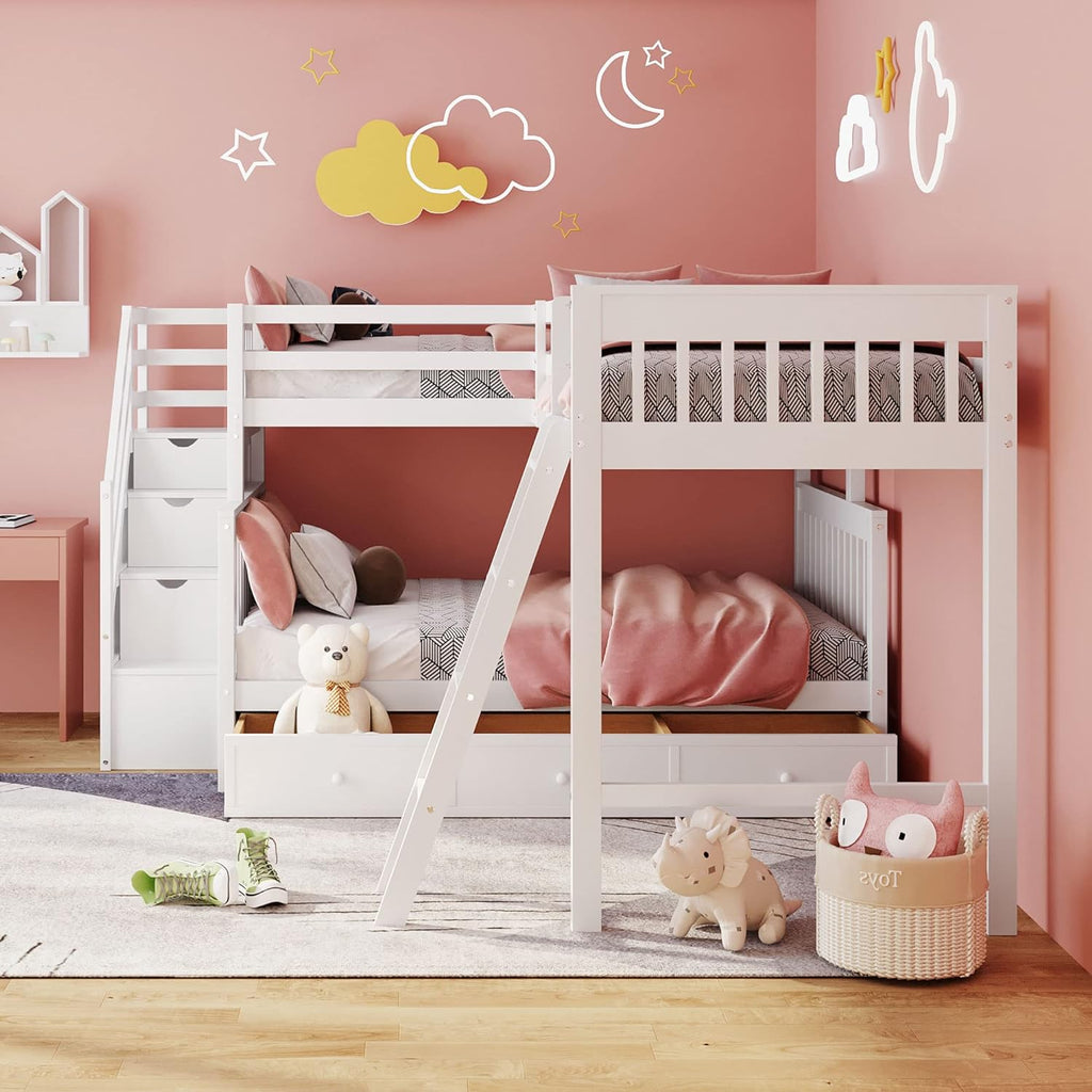 White Wooden Triple Bunk Bed With Stairs And 3 Storage Drawers D809846