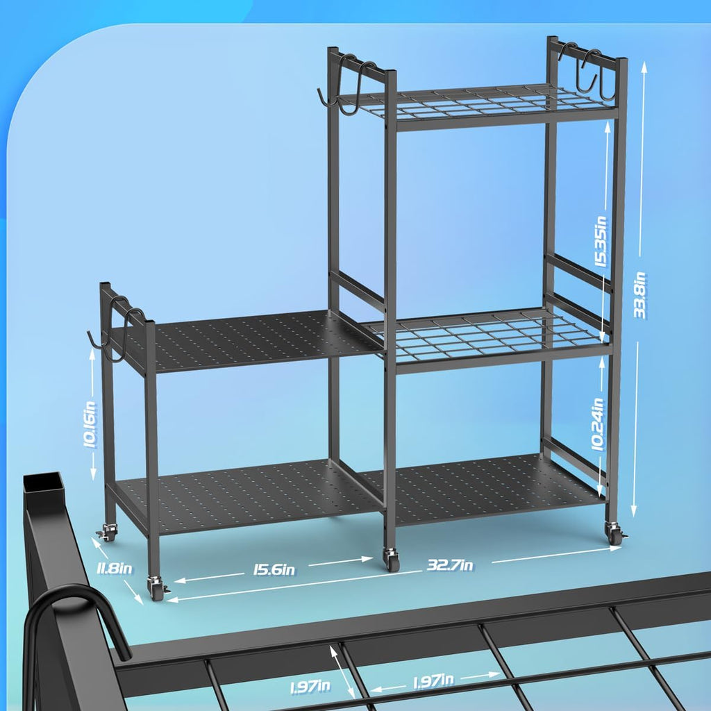 Garden Tool Storage Rack with 6 Hooks and 2-tier Metal Shelves X1755