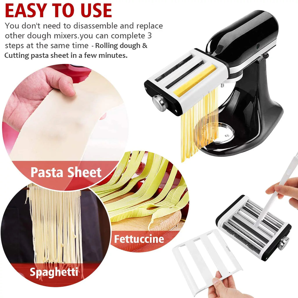 3 In 1 Pasta Maker Attachment for Kitchenaid Mixer with Pasta Dough Roller, Spaghetti Cutter, Fettuccine Cutter and Cleaning Brush S1881