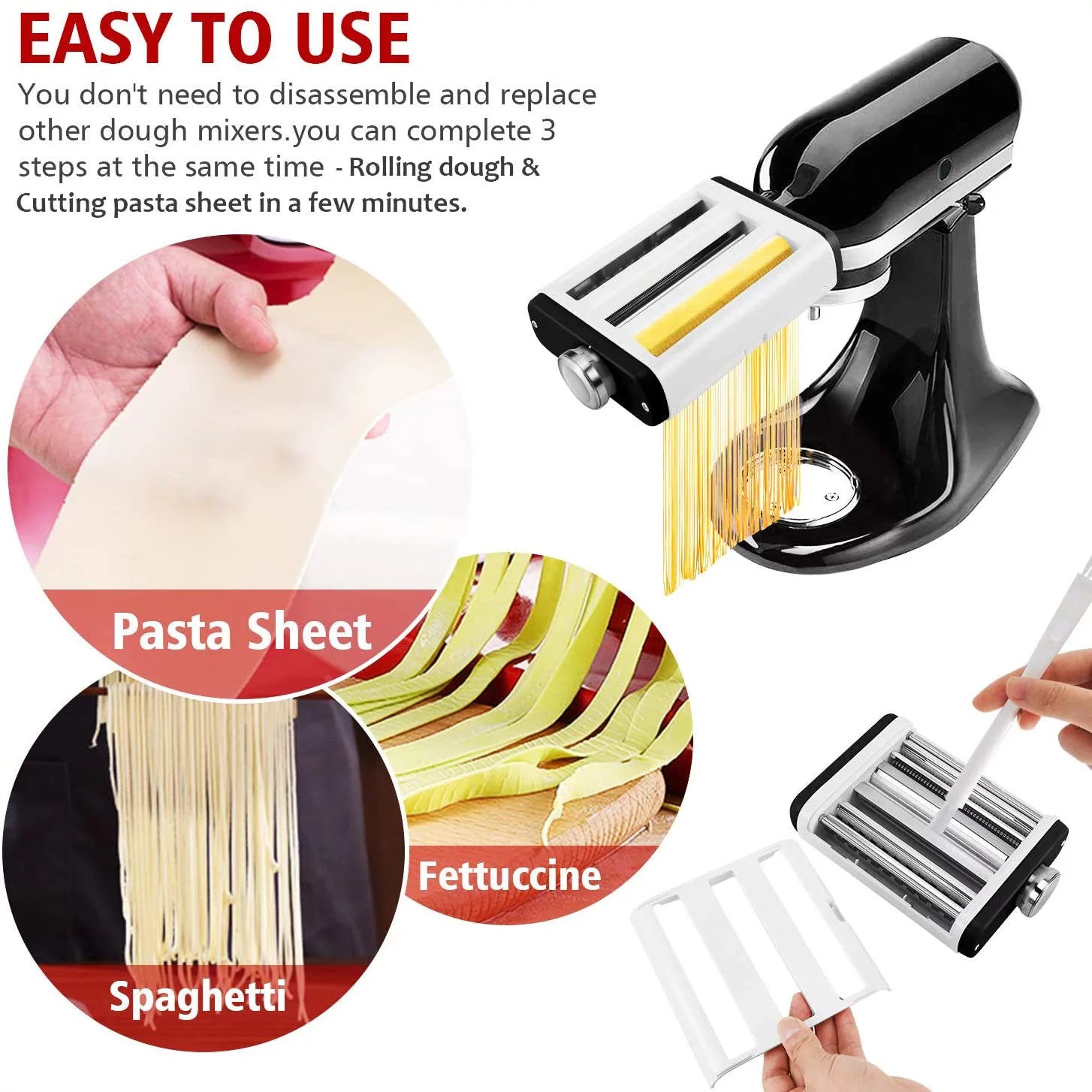 3 In 1 Pasta Maker Attachment for Kitchenaid Mixer with Pasta Dough Roller, Spaghetti Cutter, Fettuccine Cutter and Cleaning Brush S1881
