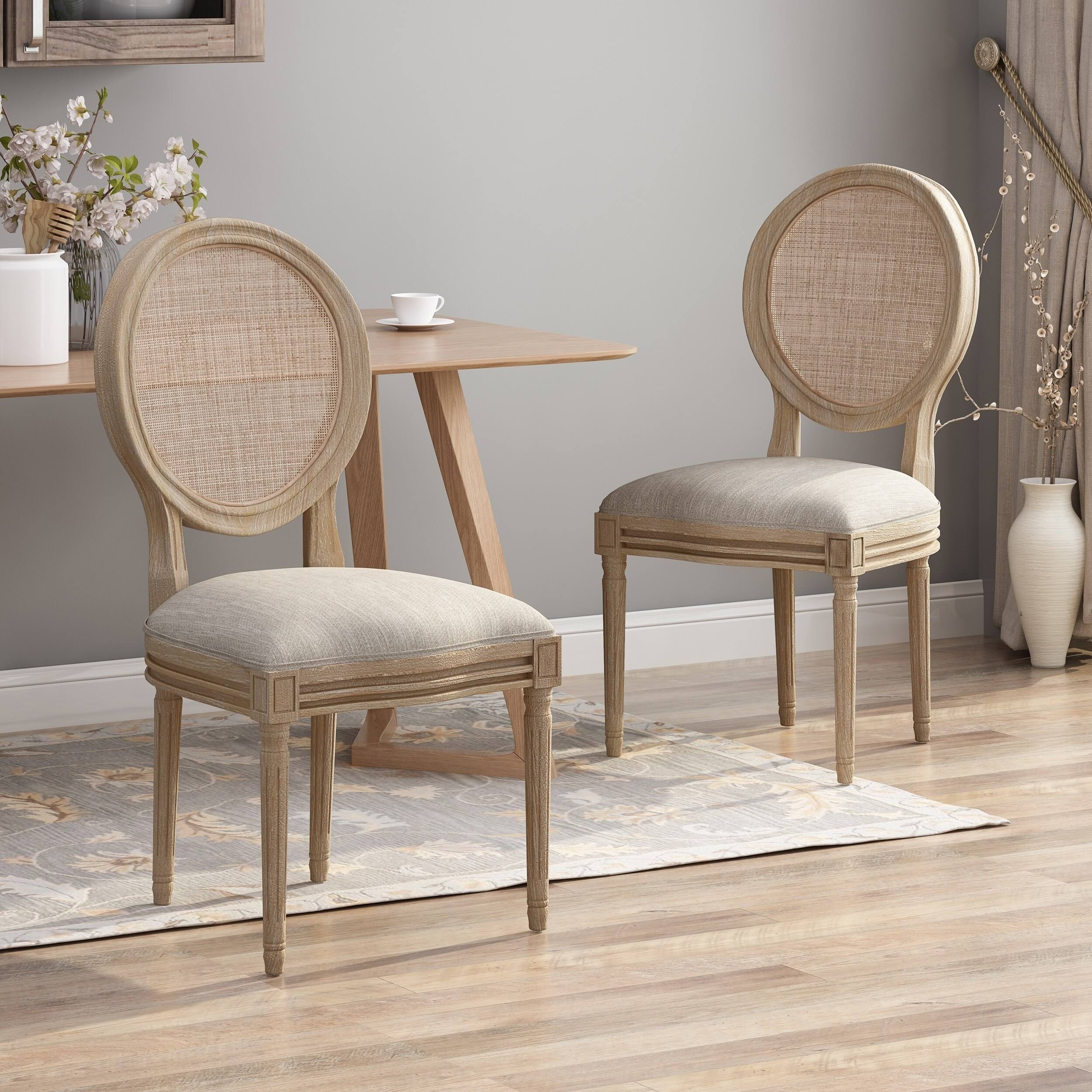 Light Blue Natural Wooden Dining Chair with Wicker and Fabric Seating (Set of 2) I28107