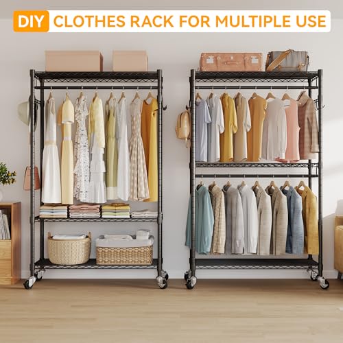 Black Heavy Duty Rolling Garment Rack with Wheels Double Hanging Rods J2733