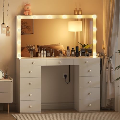 White Vanity Desk with Mirror and Lights, 11 Drawers, Charging Station D559319