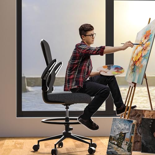 Black Drafting Chair with Flip-up Armrests and Adjustable Footrest Ring B497374