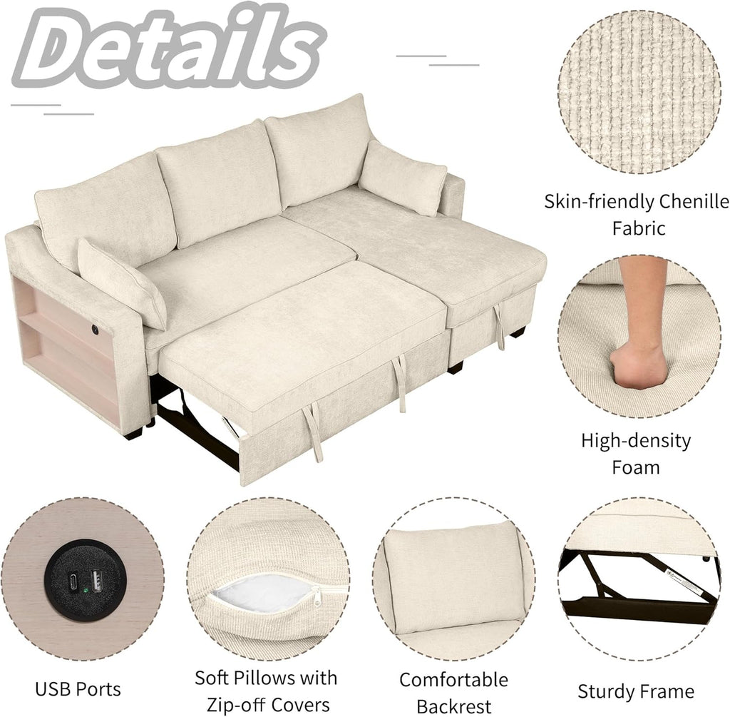 L-Shape Reversible Sleeper Sectional Couch Pull Out Sofa Bed with Storage Chaise and USB Ports Linen Tufted Upholstered Convertible Sofabed with 2 Pillows H520047