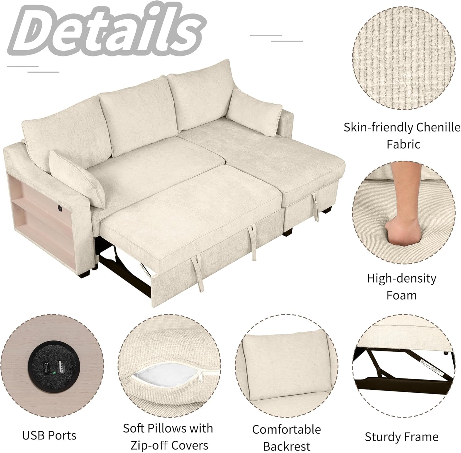 L-Shape Reversible Sleeper Sectional Couch Pull Out Sofa Bed with Storage Chaise and USB Ports Linen Tufted Upholstered Convertible Sofabed with 2 Pillows H520047
