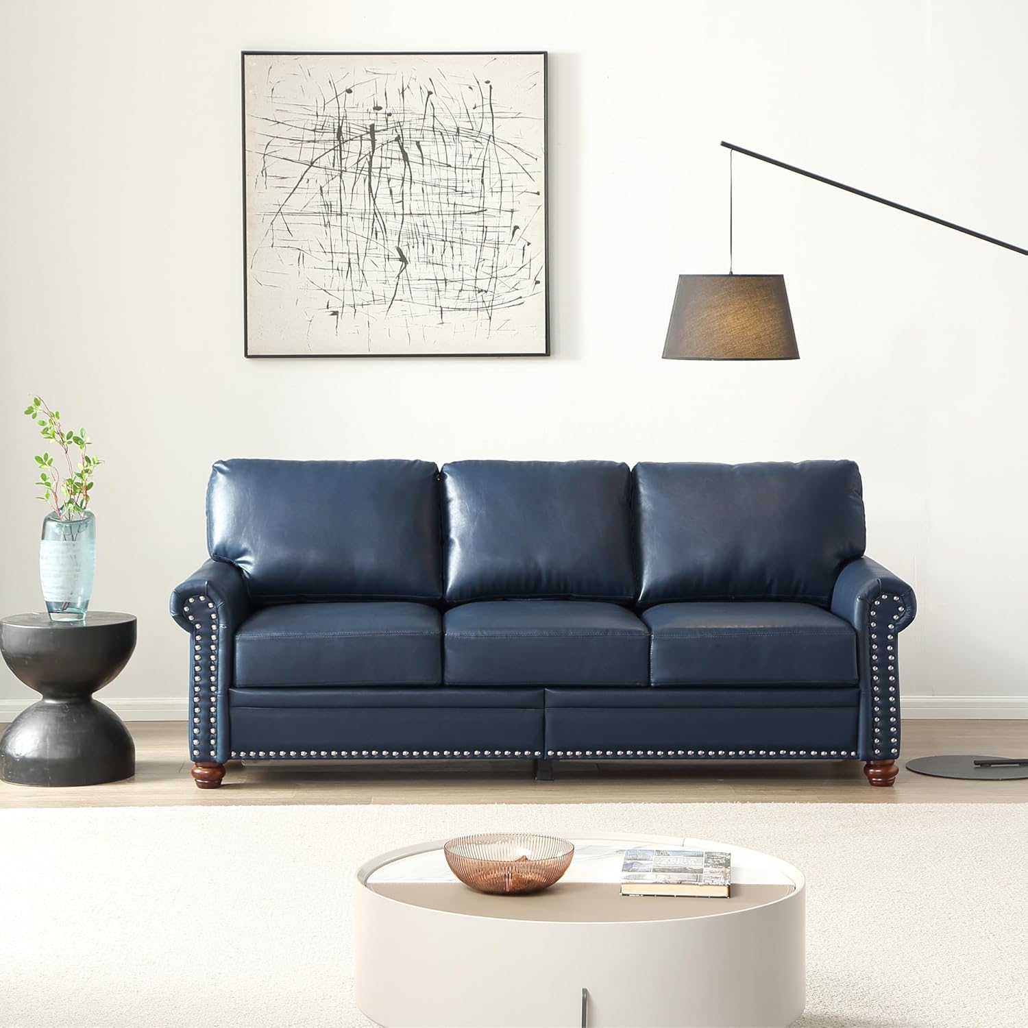 Navy Blue 3 Seater Leather Sofa with Storage Box V53503