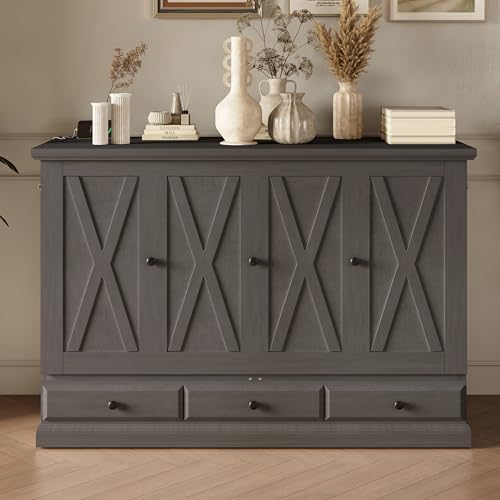 Gray Queen Size Solid Pine Murphy Bed with Charging Station Q946