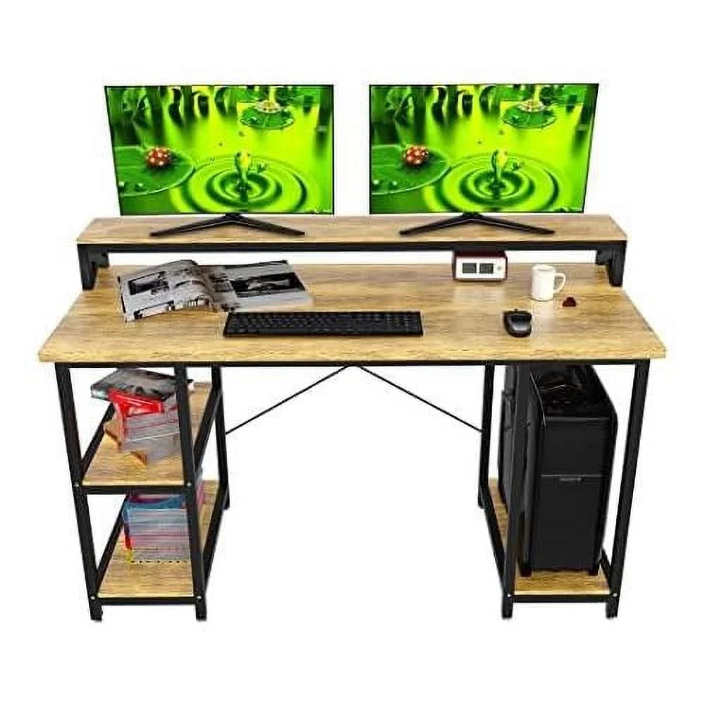 55 Inch Walnut And Black Wood Computer Desk With Monitor Shelf O347
