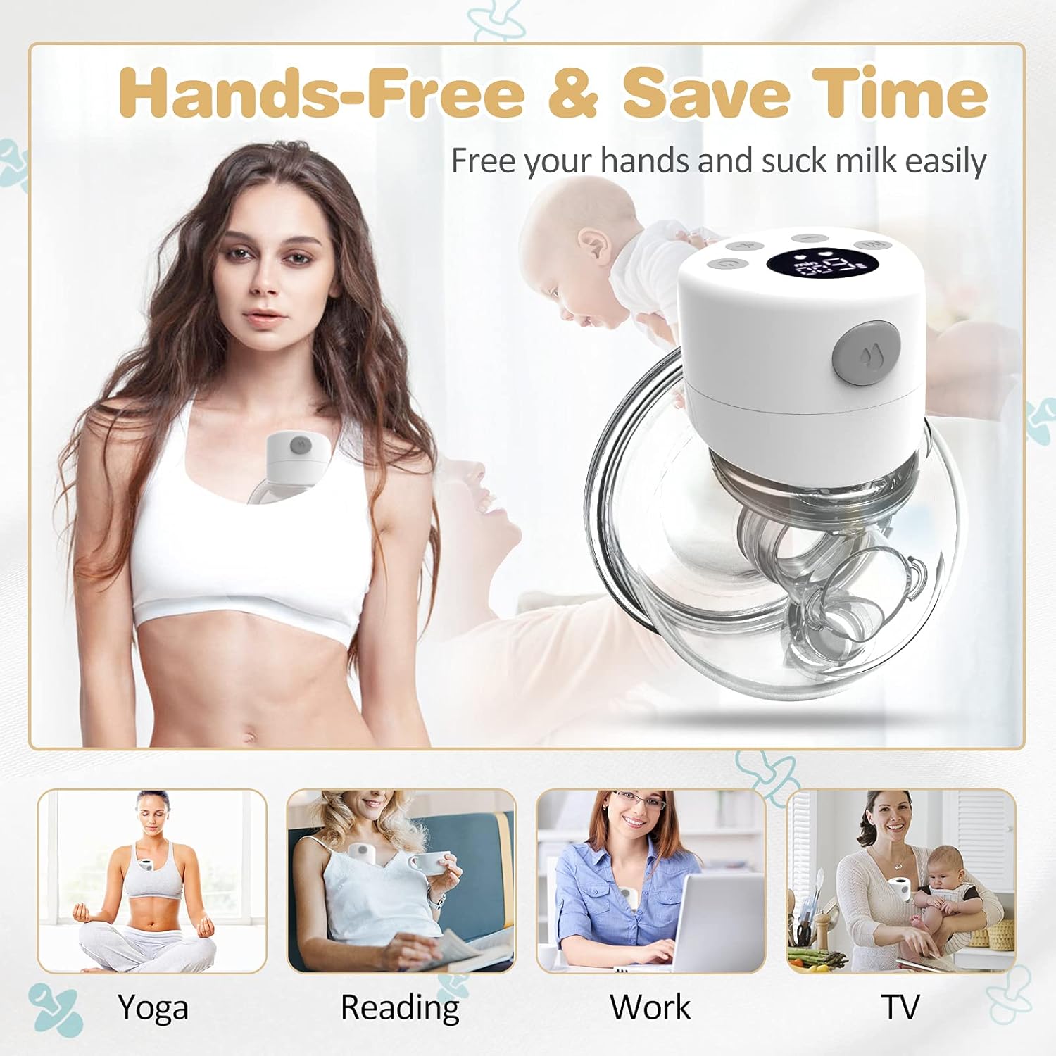 Electric Wearable Breast Pump, Hands Free, Portable, 2 Mode & 9 Levels, LCD Display M78817