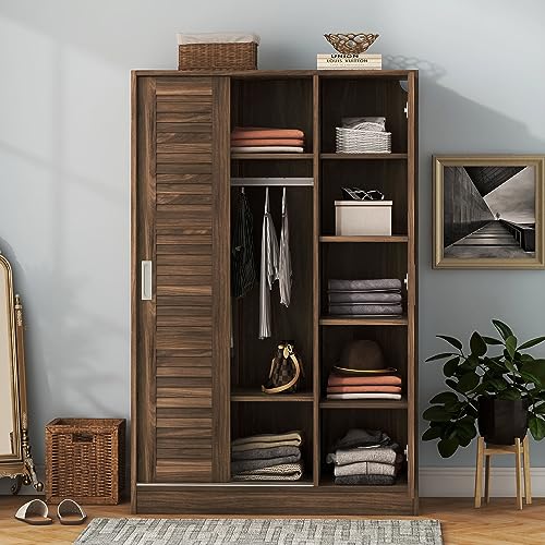 3 Door Freestanding Wardrobe Closet with Sliding Doors and Hanging Rod N5585