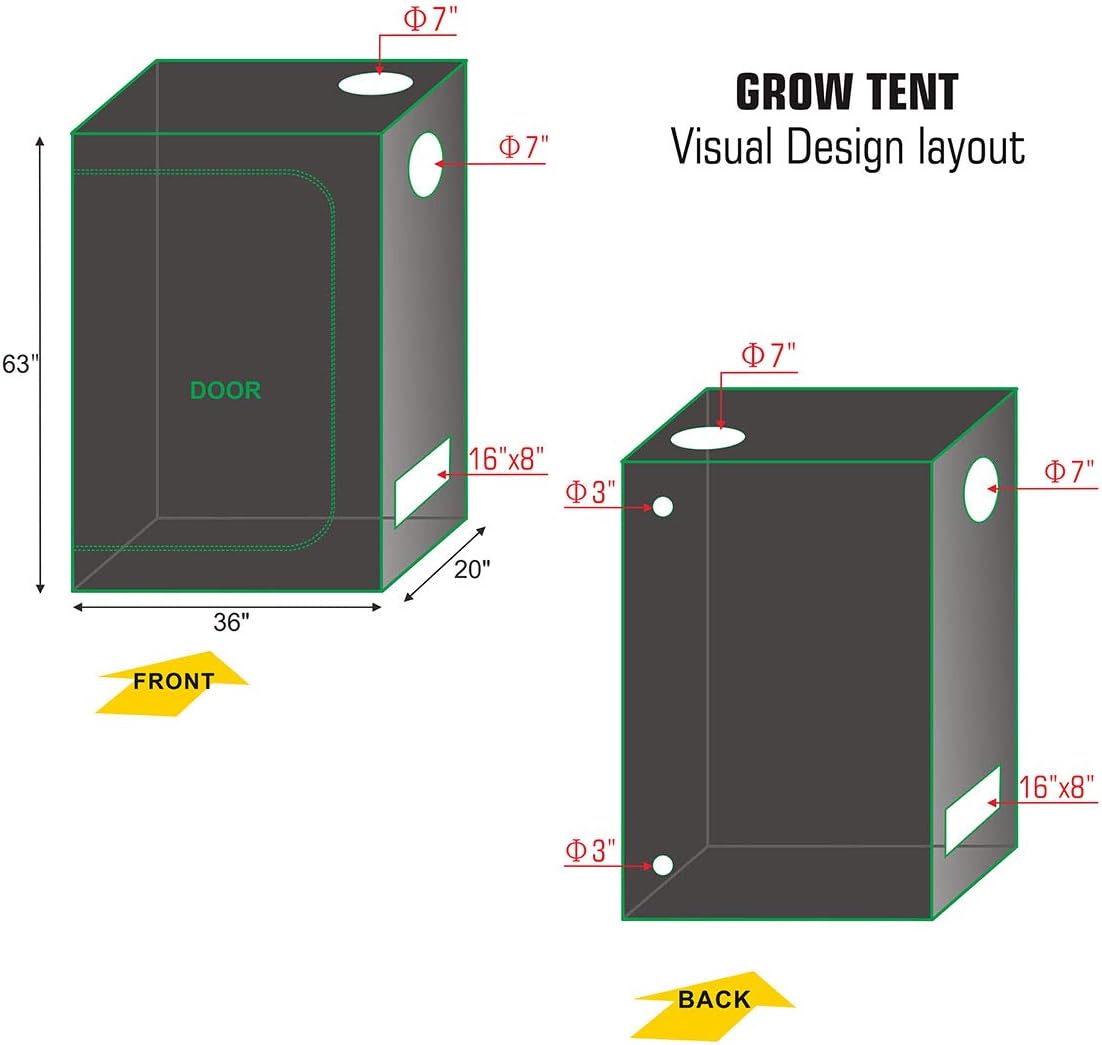 36''x20''x63'' 600D High Reflective Mylar Hydroponic Grow Tent with Removable Floor Tray K47038