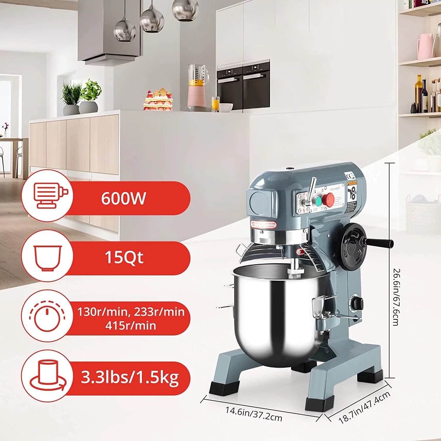 15Qt 600W 3-Speed Commercial Stand Mixer with Stainless Steel Bowl, Dough Hook, Whisk, Safety Guard Z756450