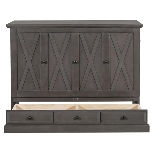 Gray Queen Size Solid Pine Murphy Bed with Charging Station Q946