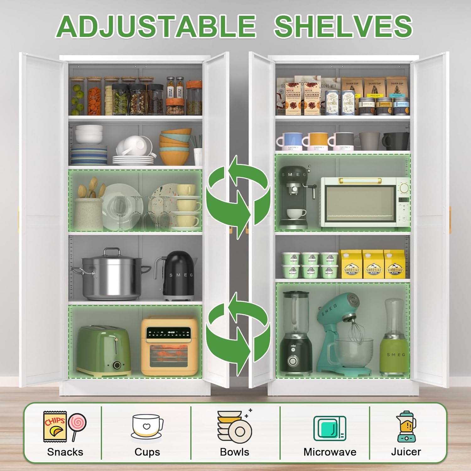 White Tall Kitchen Pantry Cabinet with Doors and Shelves G329