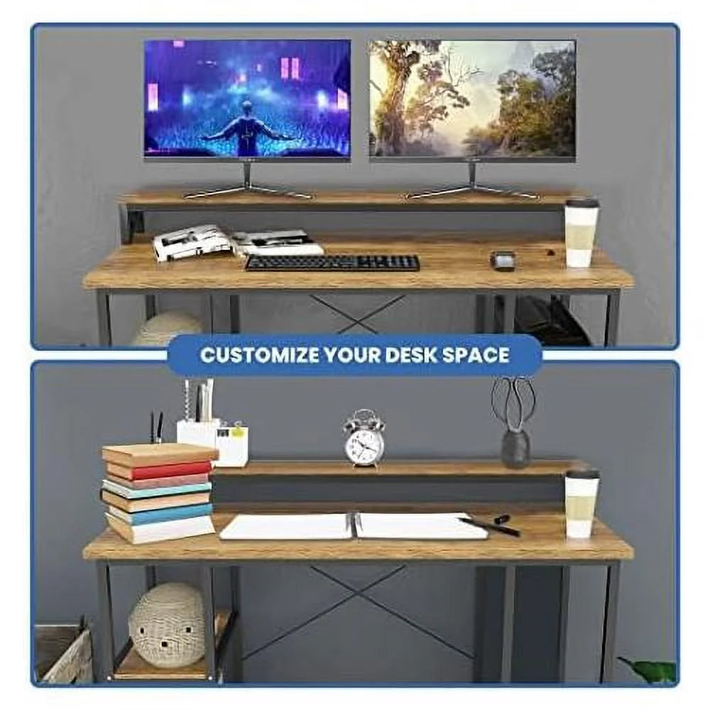 55 Inch Walnut And Black Wood Computer Desk With Monitor Shelf O347