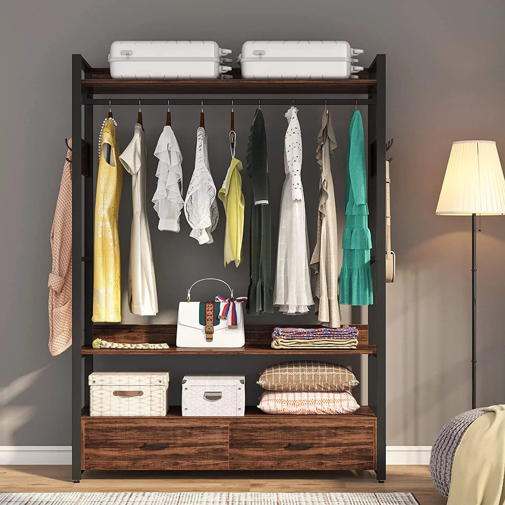 Rustic Brown Heavy Duty Clothes Rack with Shelves Hanging Rod and 2 Drawers F72811