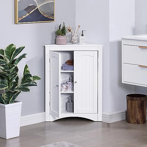 White Corner Bathroom Cabinet with Doors Shelves W308