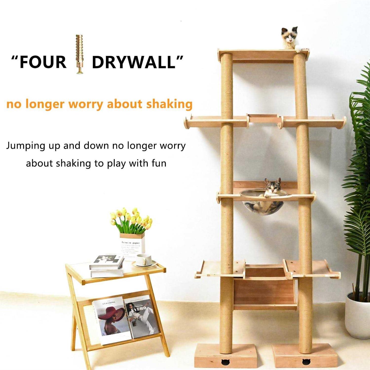 Tall Wall Mounted Wood Cat Tree with Hammock Scratching Post Q229927