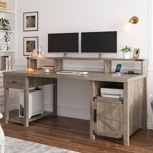 Ash Gray Wood Desk with Drawer & Power Outlets M958374